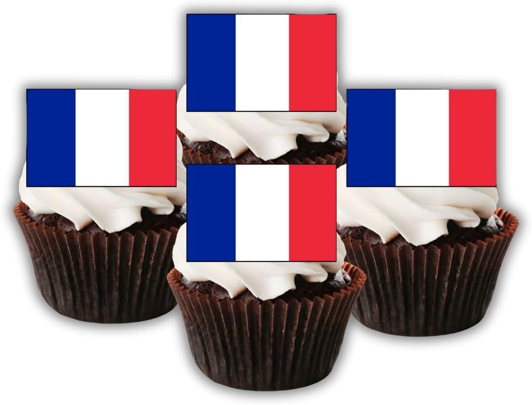 24 French Flag Edible Cupcake Toppers, France Flags, Edible Cake Decorations, Flags Of The World Cake Decor, Eurovision Party Decor, Paris Theme Patriotic Decorations