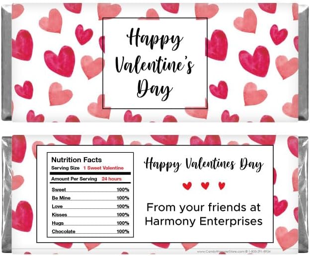 Personalized Red Watercolor Hearts Valentine's Day Candy Bar Wrappers - Set of 36