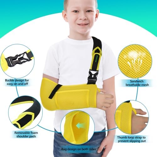Arm Sling for Kids - Adjustable Breathable Shoulder Immobilizer with Pockets,Supports Rotator Cuff Injury,Wrist,Elbow,Clavicle Fracture Recovery,Post-Surgery Sling for Left or Right Arm(Yellow,Small)
