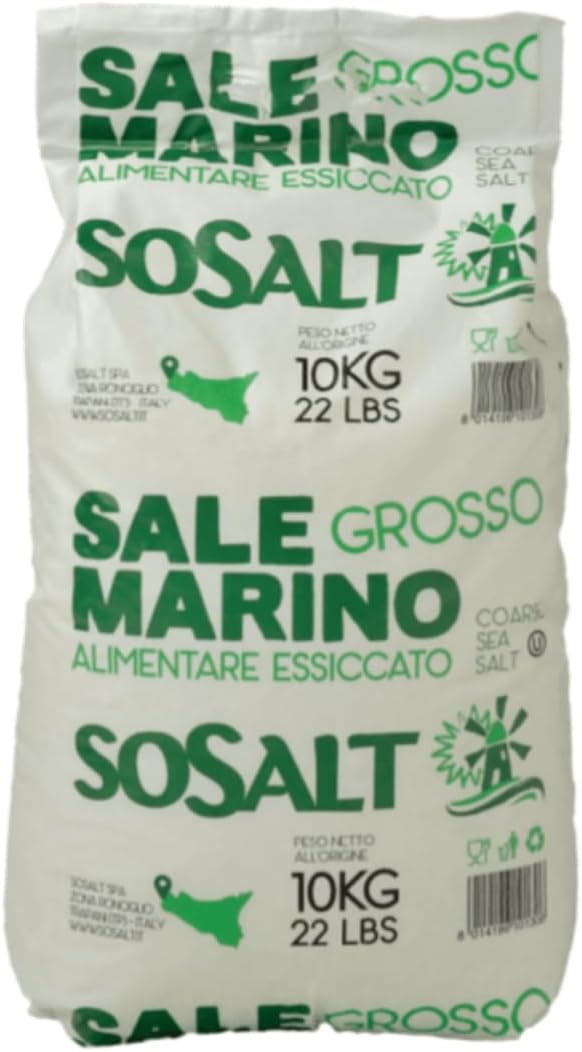 SOSALT DAL MARE DI TRAPANI Coarse Sea Salt, by SoSalt, Sicilian, 22 lb (10 kg) Bulk, Foodservice Bag, Canning, Pickling, Cooking, Grilling, Asado, Parilla, Steak, Trapani, Mediterranean, Sicily, Italy