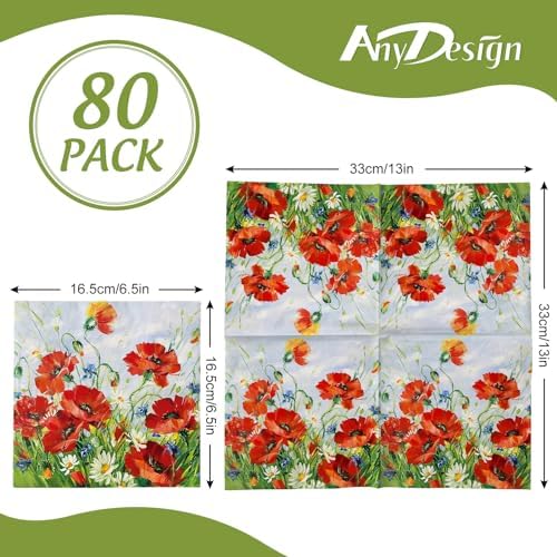 80Pcs Spring Floral Paper Napkins Red Flower Luncheon Napkins Vintage Red Poppy Dinner Hand Napkin for Party Home Restaurant Kitchen Supplies