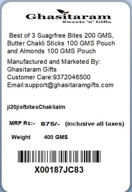Ghasitaram Gifts Rakhi Gifts for Brothers Rakhi Sweets - Best of 3 Suagrfree Bites 200 GMS, Butter Chakli Sticks 100 GMS Pouch and Almonds 100 GMS Pouch with 2 Pearl Beads Rakhis
