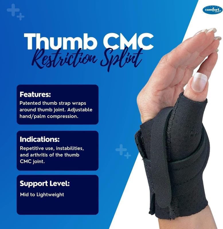 Comfort Cool Thumb CMC Restriction Splint. Patented Thumb Brace Provides Support and Compression. Helps with Arthritis, Tendinitis, Surgery, Dislocations, Sprains, Repetitive Use. Left Medium