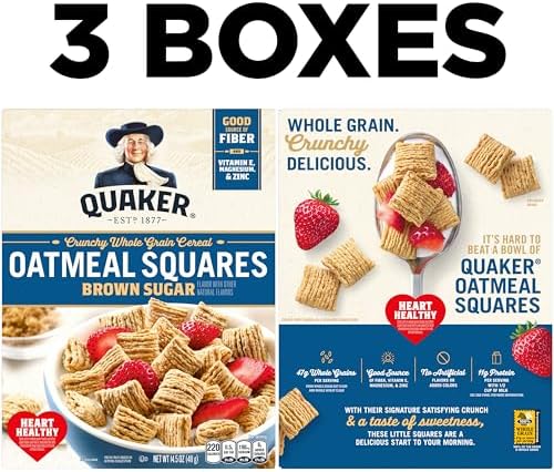 Quaker Oatmeal Squares Breakfast Cereal, Brown Sugar, 14.5oz Boxes (3 Pack)