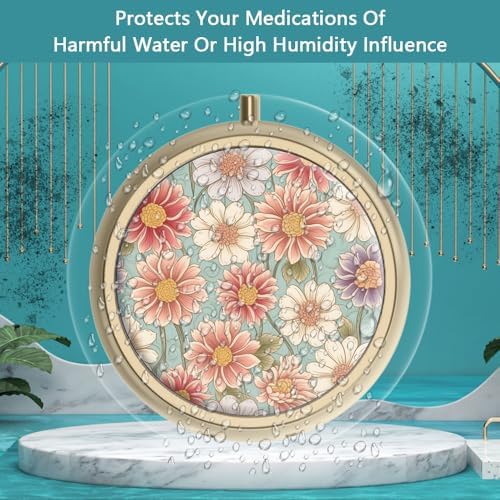 Pill Case Pill Box with Mirror Retro 3 Compartment Small Pill Organizer for Purse or Pocket Bronze Small Roud Pill Box or Vitamins, Fish Oil, Supplements, Pill Containe Travel Gifts（Retro Floral）