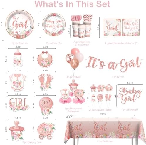 Xynic 213Pcs Its a girl Baby Shower Decorations Tableware Set Severs 25, Floral Girl Baby Shower Decorations Include Banner, Balloons, Tablecloth, Plates, Cups, Table Decorations