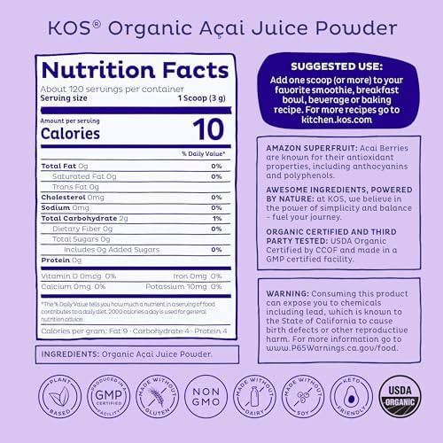 KOS Organic Acai Juice Powder - USDA Certified Organic, Plant Based Superfood Antioxidants, Superberry from Brazil, Great for Smoothies and Bowls, 0g Sugar, Vegan, Gluten-Free, Non-GMO - 120 Servings