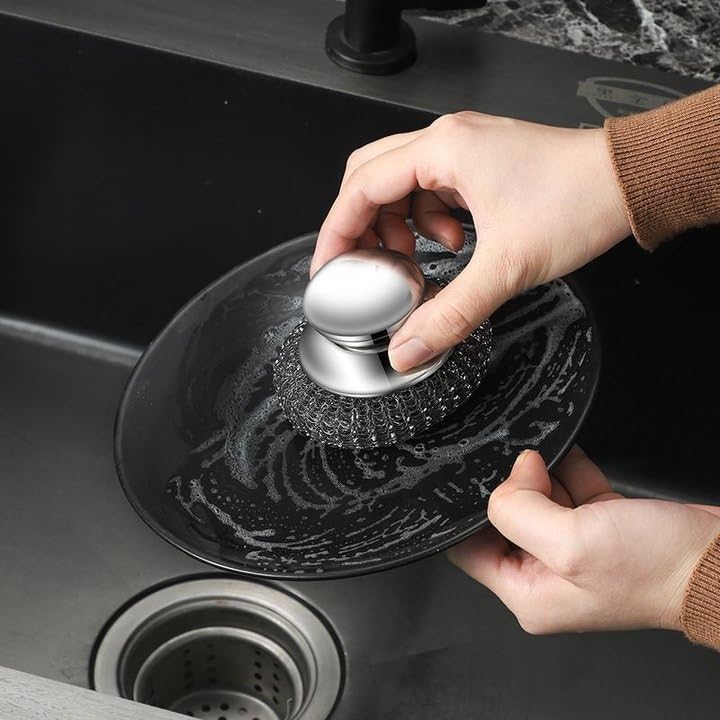Stainless Steel Round Handle Steel Wire Ball Cleaning Brush with Ergonomic Handle for Kitchen Dishwashing Bowl Brush