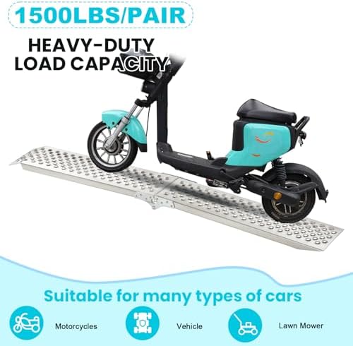 Foldable Aluminum Motorcycle Loading Ramp, 63" L x 8.5" W inches, 1500lbs Load Capacity, Lightweight, Non-Slip, Waterproof, Rust-Proof, Suitable for Trucks, Lawn Mowers, SUVs, Trailers, Set of 2