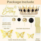 ZOYVUX Birthday Crown Cake Topper, Cake Decorations with Happy Birthday Cake Topper, Balls, Gold Butterflies, Corona Para Pastel for Women, Princess, Wedding Party Decor (Gold & Black)