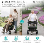 Helavo 2 in 1 Walker Wheelchair Combo with 10" All Terrain Wheels, Lightweight Rollator Transport Chair Combo, 300 lbs Load Capacity with Adjustable Height