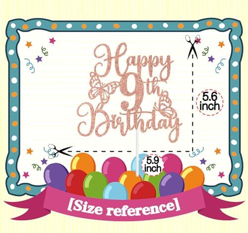 Happy 9th Birthday Cake Topper for Boy or Girl,Bruh I'm 9, Hello Nine, Butterfly 9 Years Old Birthday Party Decorations Supplies, Rose Gold Glitter