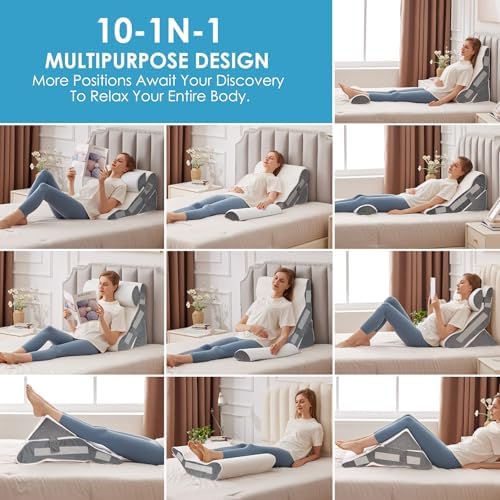 3PCS Bed Wedge Pillow for Headboard, Adjustable Wedge Pillow for Sleep Apnea, 23” Wide Triangle Pillow Wedge Set for After Surgery, Acid Reflux Relief, Snoring, Neck&Back Support, White/Grey