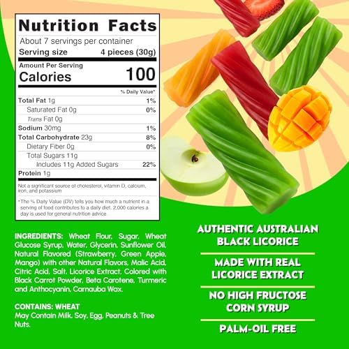 Snackathon Australian Licorice Candy, Natural Mixed Fruit Twists, 7 oz Resealable Bag, Soft & Chewy Classic Gourmet Treat for Parties, Candy Bowls & Snacking, Made in Australia
