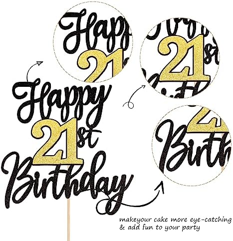 1 PCS Happy 21st Birthday Cake Topper - Black Gold Glitter Cheers to 21 Years - Fabulous Cake Decoration for 21st Birthday Party