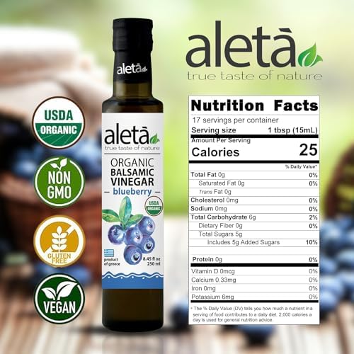 Aleta Farms Balsamic Vinegar, Greek Organic Blueberry Infused Aged Balsamic Vinegar, USDA Organic, Perfect for Salad Dressings, Pasta, Desserts & Cocktails, Glass Bottle, 8.45 fl oz (Blueberry)