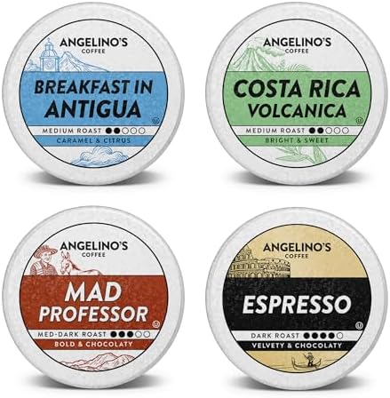Angelino's Coffee Pods Variety Pack - Reserve Collection Medium & Dark Roast - 96 Count Single Serve K-Cup Compatible Capsules - Includes Costa Rica, Breakfast in Antigua, Mad Professor & Espresso