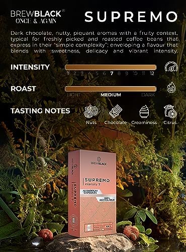 BrewBlack Supremo Coffee Capsules - 50 Aluminum Coffee Pods Compatible with Nespresso Original line, 100% Arabica Medium Roast - Intensity 7/12, Made in Italy
