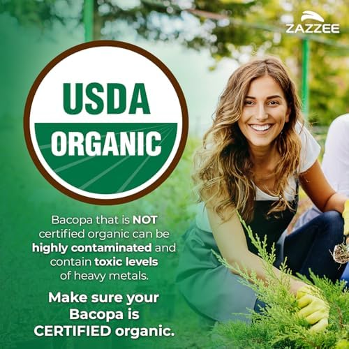 Zazzee USDA Organic Bacopa 30:1 Extract, 50% Bacosides, 120 Vegan Capsules, 4 Month Supply, Bacopa Monnieri, Cognitive, Brain & Memory Support, Non-GMO, Organic Herbal Supplement, Made in the USA