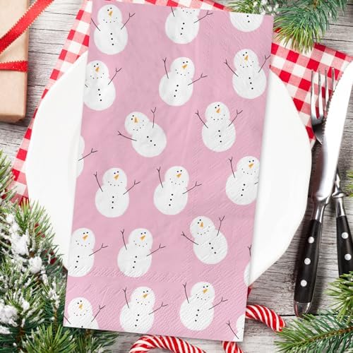 80Pcs Pink Christmas Guest Napkins Winter Snowman Disposable Paper Napkin Cute Xmas Holiday Party Decorative Dinner Hand Napkin Towel for Wedding Birthday Party Supplies, 13 x 15.7 inch