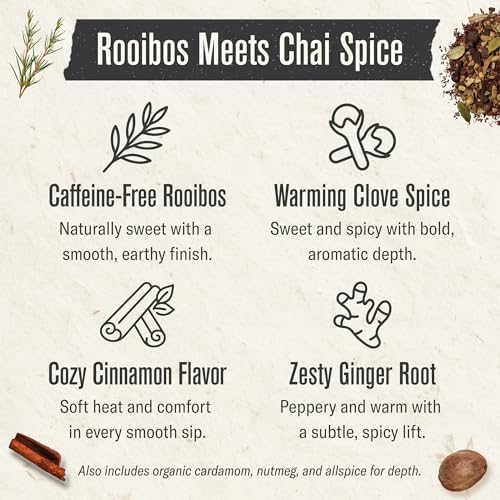 Numi Organic Rooibos Chai Tea Bags, 18 Tea Bags (Pack of 3), Red Tea with Cinnamon, Allspice & Ginger, Caffeine Free