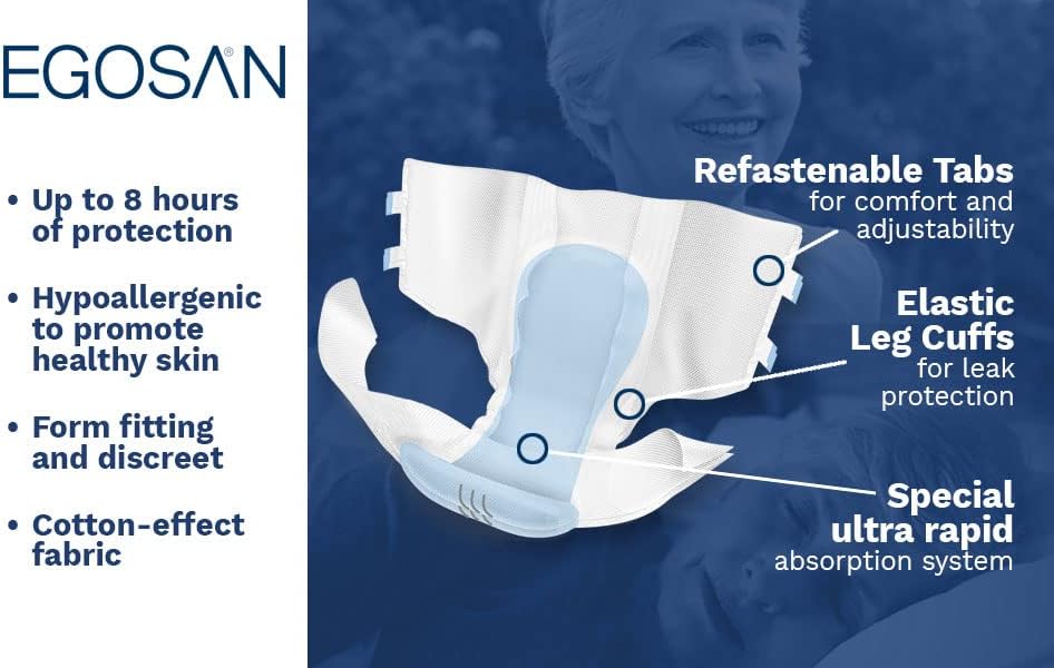 Egosan Adult Incontinence Diaper Briefs 8 Hour X-Dry Protection for Highest Absorbency with Adjustable Tabs Disposable for Men and Women (Large (48-Count))