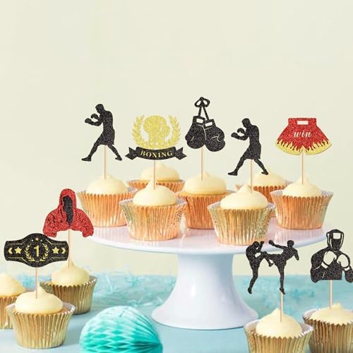 Ercadio 32 Pack Boxing Player Cupcake Toppers Black Red Glitter Boxing Gloves Cupcake Picks Boxer Gym Theme Baby Shower Birthday Party Cake Decorations Supplies
