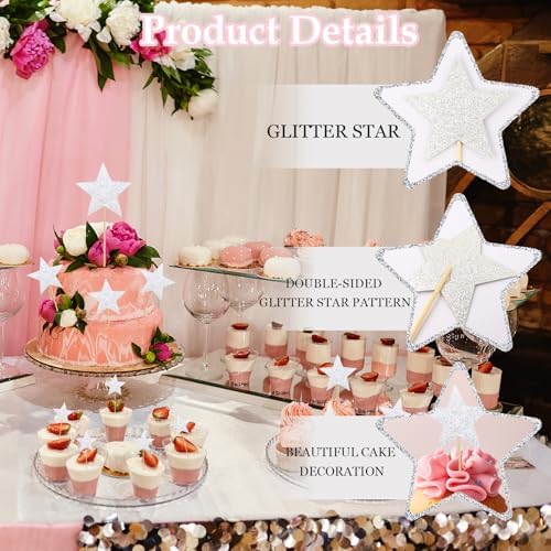 24 PCS Double-sided Silver Star Cupcake Toppers Glitter Twinkle Star Cupcake Picks Silver Cake Decorations for Wedding New Year Birthday Party Supplies (Mixed Size)