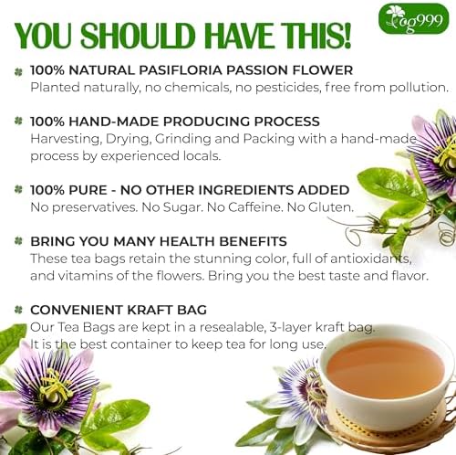 TOG999, Premium 120 Pasiflora Pasion Flower Tea Bags, 100% Natural & Pure Pasiflora Passion Flower, Herbal Tea. No Sugar, No Caffeine, No Gluten, Vegan.