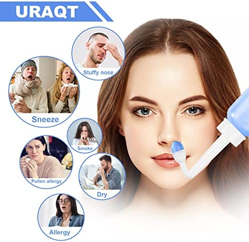 URAQT Neti Pot, Nasal Rinse Kit Nose Wash Cleaner, 300ml Sinus Rinse Bottle with 20 Nasal Wash Salt Packets and 10 Thermometer Sticker, Pressure Rinse Nasal Irrigation for Adult and Kid BPA Free