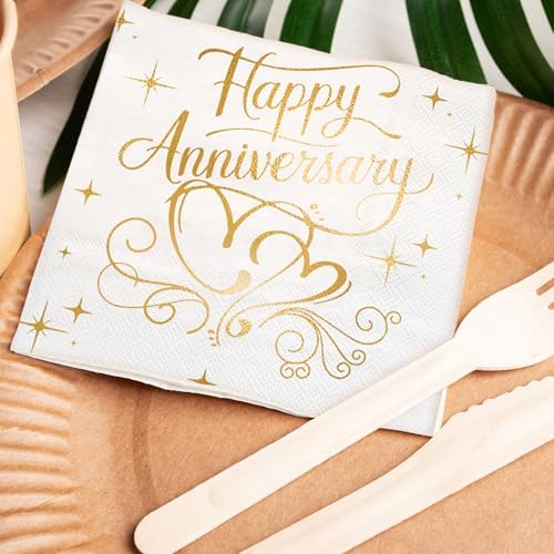 LeZakaa 25Pcs Happy Anniversary Paper Napkin, 3-Ply Gold Foil Cocktail Beverage Bar Square Disposable Napkins Guest Paper Hand Towels, Tea Party Napkins, 25th 50th Anniversary Table Decor, 5 x 5 In
