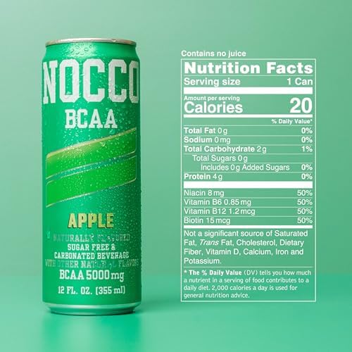 NOCCO Zero Sugar BCAA Drink, Apple - 12 Fl Oz (Pack of 12) - 0mg Caffeine, Sugar Free with Branched Chain Amino Acids, Carbonated & Low Calorie, B Vitamins, Grab & Go Performance Beverage