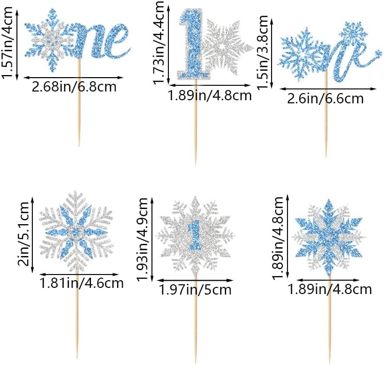 24Pcs Snowflake One Cupcake Toppers Blue Glitter Winter Snowflake 1st Birthday Cupcake Picks First Birthday Snowflake Cake Decorations for Winter Wonderland Baby Shower 1st Birthday Party Supplies