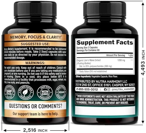 Lions Mane Supplement Capsules - Organic Lions Mane - Made in USA - Fruiting Bodies Extract - 1200 mg, 25% Polysaccharides - Memory & Focus Support - As Lions Powder - 120 Capsules, 2 Month Supply