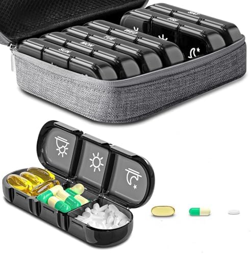 Pill Organiser 7 Day 3 Times, Travel Pill Dispenser, Weekly Pill Box Organisers, Store Medication, Vitamin, Fish Oil, Supplement,Black