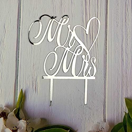 Mr and Mrs Cake Topper, Bride and Groom Sign Wedding, Engagement Cake Toppers Decorations (Mirror Silver Acrylic)