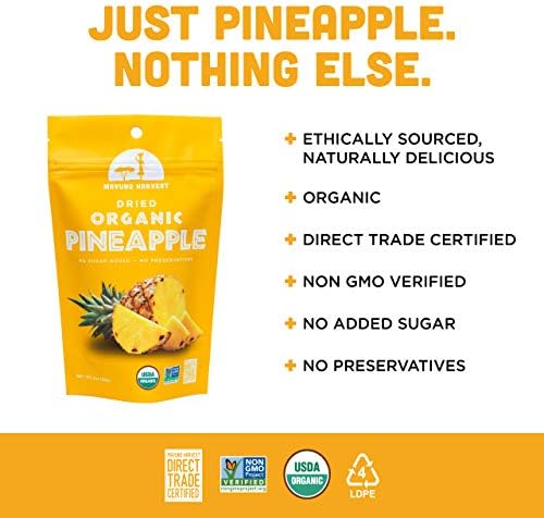 Mavuno Harvest Pineapple Dried Fruit Snacks | Organic Dried Pineapple Chunks| Gluten Free Healthy Snacks for Kids and Adults | No Sugar Added, Vegan, Non GMO, Direct Trade | 2 Ounce, Pack of 3