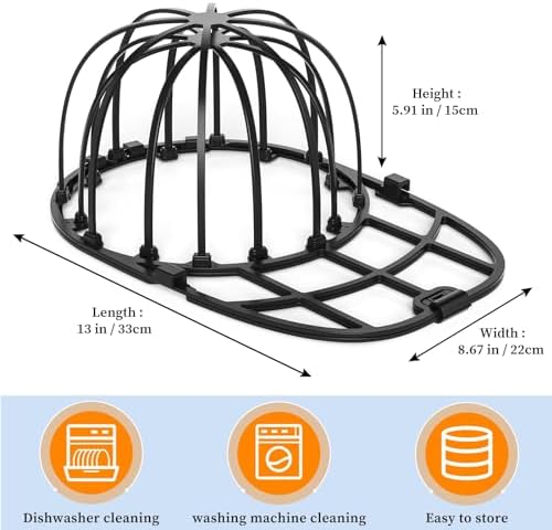 Hat Washer Cage for Baseball Caps Washing Machine Dishwasher Cap Cleaner Frame Washing for Adult Kids Ball Hats (Black-1Pack)