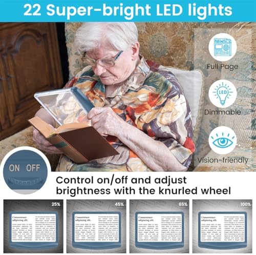Rechargeable 5X Magnifying Glass for Reading, Large Bright Full Page Magnifier with Light, Handheld LED Dimmable Lighted, Lightweight Book Magnifier for Reading Small Prints Seniors - Blue