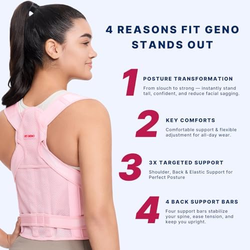 Fit Geno Back Brace and Adjustable Posture Corrector And Trainer for Women and Men, Back Straightener, Scoliosis and Hunchback Correction, Back Pain, Spine Support, Pink, Small (Waist 25-33 Inch)
