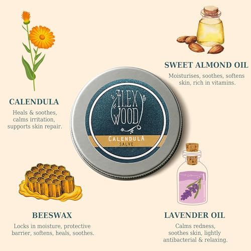 The Ilex Wood - Calendula Salve - all natural balm, soothes rashes, itching, dry skin, eczema, hand cream for women and men, cruelty free, plastic free - 3.38 fl oz (100ml)