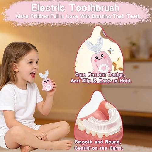 Kids Electric U Shaped Toothbrush, Sonic Automatic Toothbrush Kids with 4 Brush Heads, 3 Cleaning Modes, Cartoon Dinosaur IPX7 Waterproof 360º Round Toddler Electric Toothbrush(Pink, Ages 2-12)