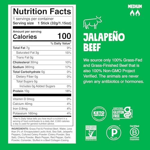 Chomps Grass-Fed and Finished Jalapeño Beef Jerky Snack Sticks 24-Pack - Keto, Paleo, Whole30, 10g Lean Meat Protein, Gluten-Free, Zero Sugar Food, Non-GMO