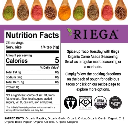 Riega Street Taco Seasoning, Organic Mexican Spice Blend for Cooking Authentic Meals, Carne Asada, 1 oz Packets, 8 Count