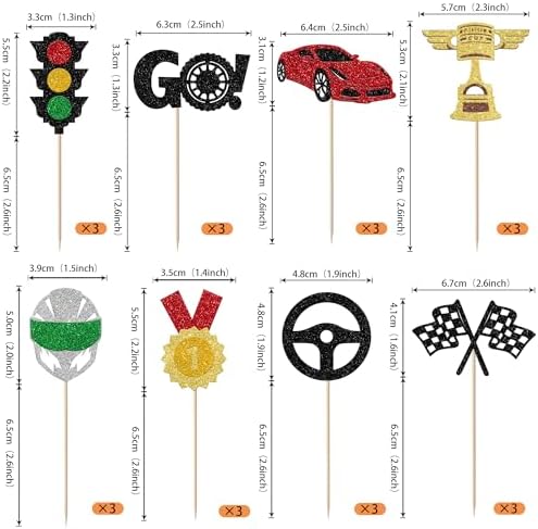 Rsstarxi 24 Pack Race Car Cupcake Toppers Glitter Traffic Light Trophy Flag Racing Cup Cupcake Picks for Racing Theme Baby Shower Boys Birthday Party Cake Decorations Supplies