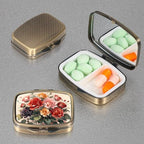 Dynippy Pill Case Pill Box with Mirror Retro Pocket 2 Compartment Medicine Case Vitamin Pill Organizer for Pocket Purse and Travel (Cute Flower)