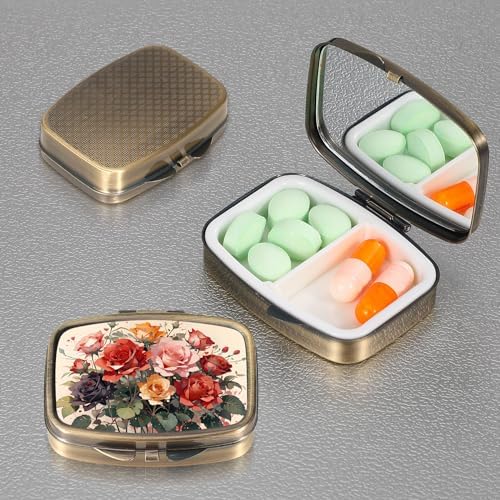 Pill Case Pill Box with Mirror Retro Pocket 2 Compartment Medicine Case Vitamin Pill Organizer for Pocket Purse and Travel (Cute Flower)
