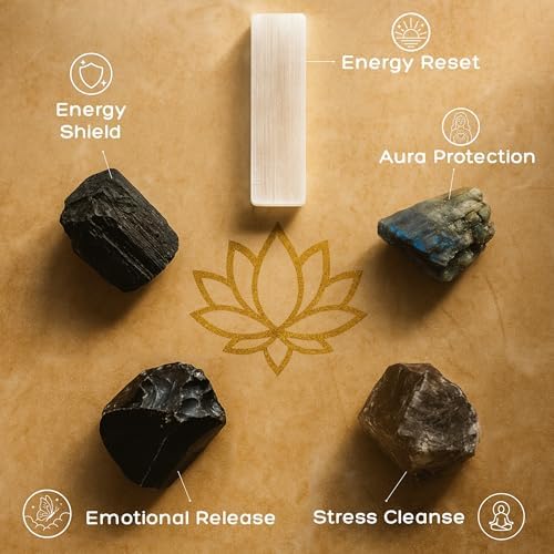 Anima Premium Protection Healing Crystals Set for Energy Shielding - Large Raw Obsidian, Black Tourmaline, Labradorite, Smoky Quartz & Selenite Bar - Wooden Gift Box and Guide Booklet Included