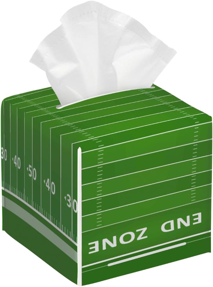 Square Leather Tissue Box Cover Holder Waterproof Football Green Field Facial Paper Organizer with Bottom Belt Cube Tissue Case for Tabletop Bathroom Office Desk Car Decorative