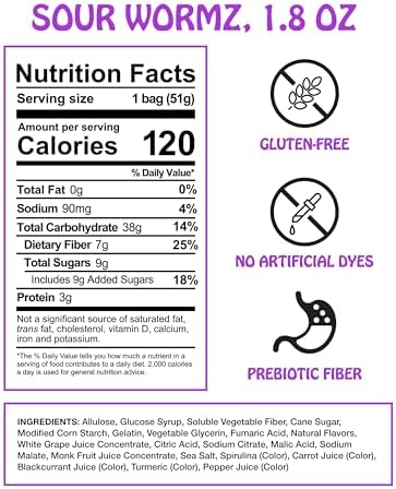 Rotten Sour Gummy Worms - Low Sugar, Low Calorie, 7g Gut-Friendly Prebiotic Fiber and 3g Protein, Gluten Free Candy - 1.8 oz - 8-Pack